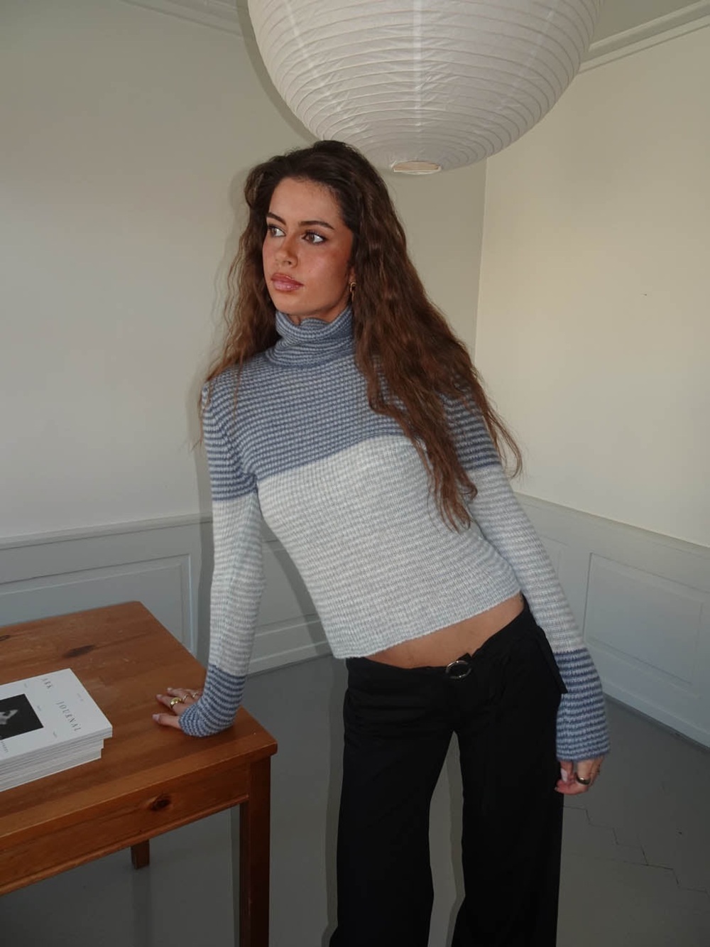 Design by Si Striped Ribbed Turtleneck Sweater - Gray & Cream - Picture 2 of 6